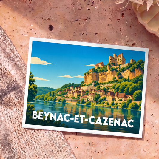 Carte postale souvenir de Beynac-et-Cazenac illustrant son château et ses maisons médiévales en bordure de rivière.