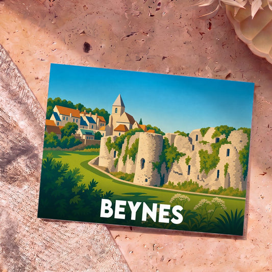 Carte postale souvenir de la ville de Beynes avec une illustration stylisée de son château médiéval et de son église.