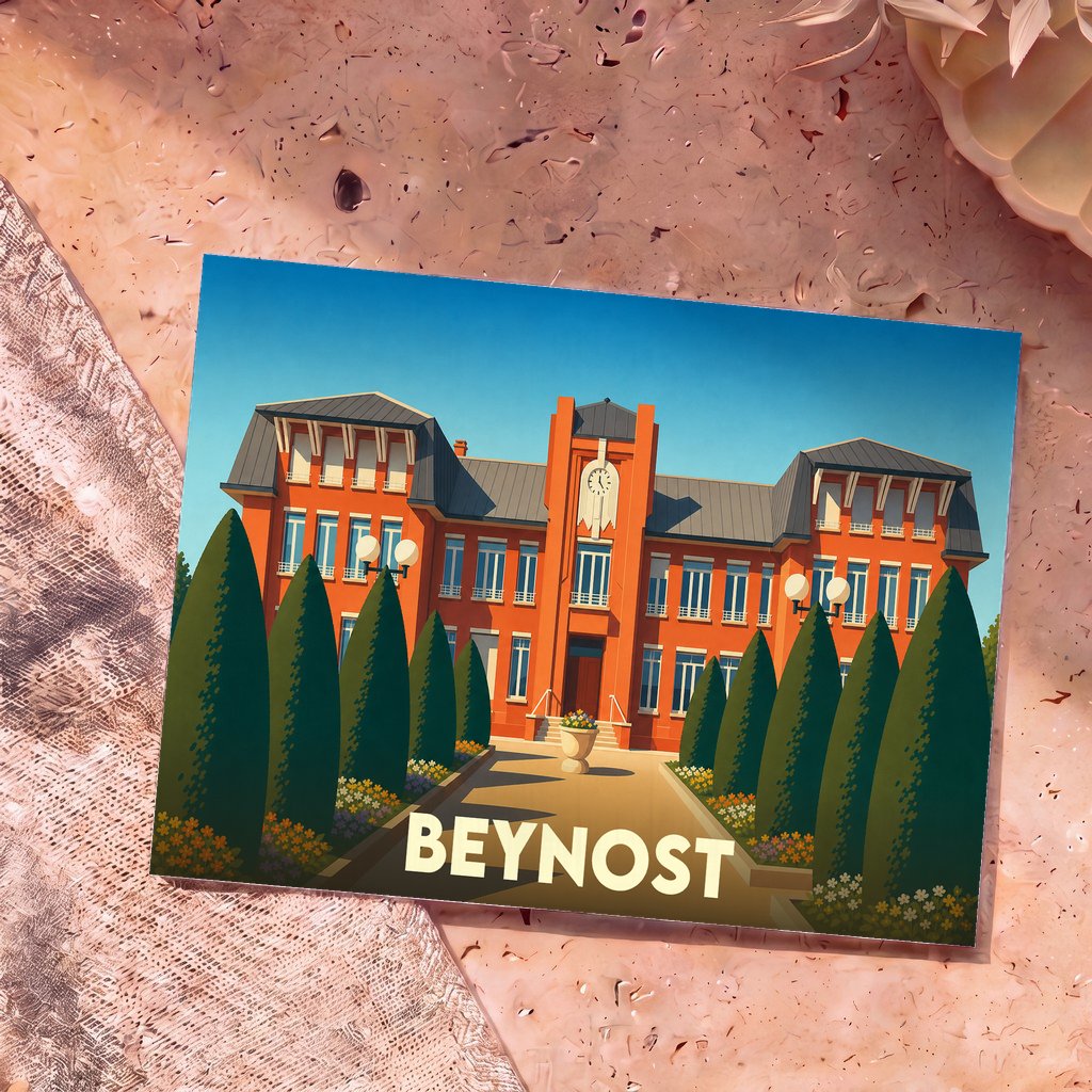 Carte postale souvenir de la ville de Beynost illustrant son hôtel de ville dans un style graphique épuré.