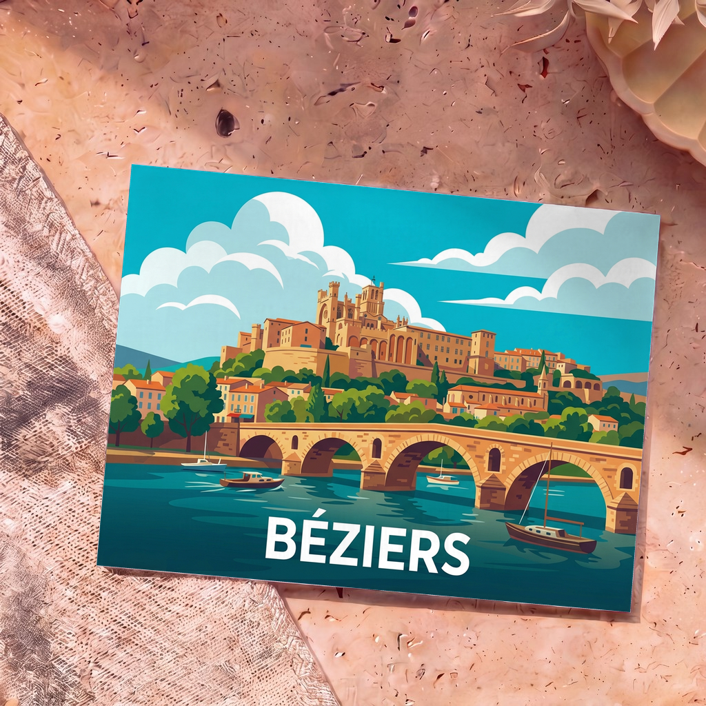 Carte postale souvenir de la ville de Béziers illustrant son pont historique et sa cathédrale dans un style graphique épuré.