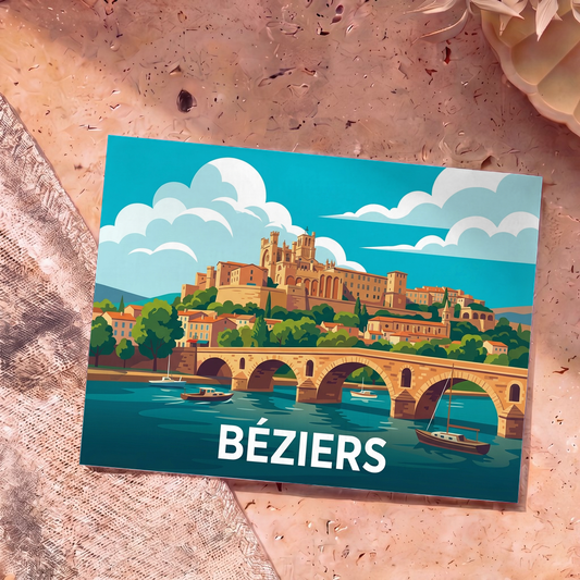 Carte postale souvenir de la ville de Béziers illustrant son pont historique et sa cathédrale dans un style graphique épuré.