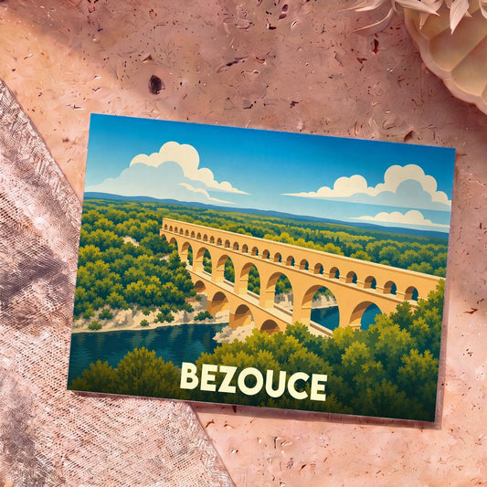 Carte postale souvenir de la ville de Bezouce avec une illustration stylisée d'un aqueduc romain.