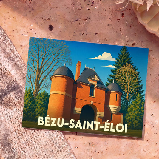 Carte postale souvenir de la ville de Bézu-Saint-Éloi avec une illustration stylisée d'un château en briques.