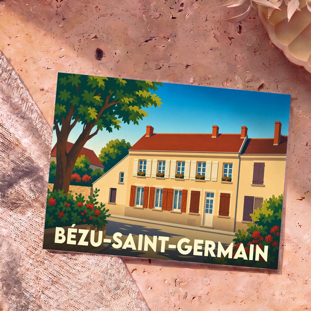 Carte postale souvenir de la commune de Bézu-Saint-Germain avec une illustration stylisée de maisons traditionnelles.