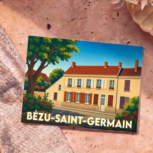 Carte postale souvenir de la commune de Bézu-Saint-Germain avec une illustration stylisée de maisons traditionnelles.