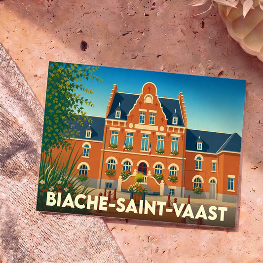 Carte postale souvenir de la ville de Biache-Saint-Vaast avec une illustration stylisée de son hôtel de ville.