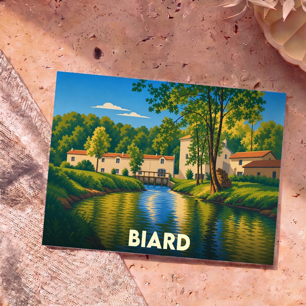 Carte postale souvenir de la ville de Biard avec une illustration stylisée d'un paysage fluvial bordé de maisons et d'arbres.