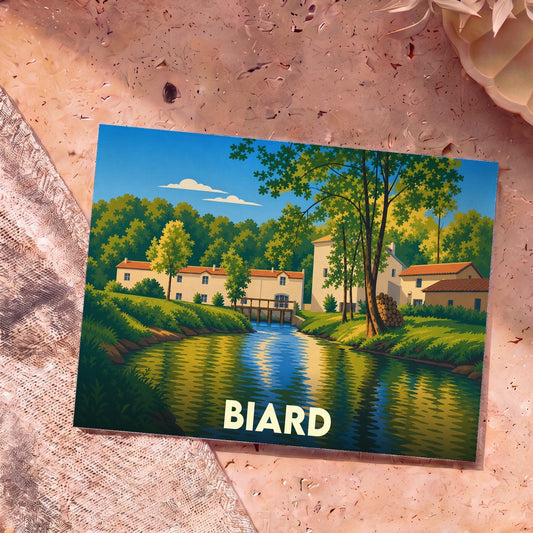 Carte postale souvenir de la ville de Biard avec une illustration stylisée d'un paysage fluvial bordé de maisons et d'arbres.