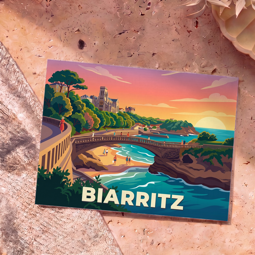 Carte postale souvenir de la ville de Biarritz avec une illustration stylisée représentant son littoral au coucher du soleil.