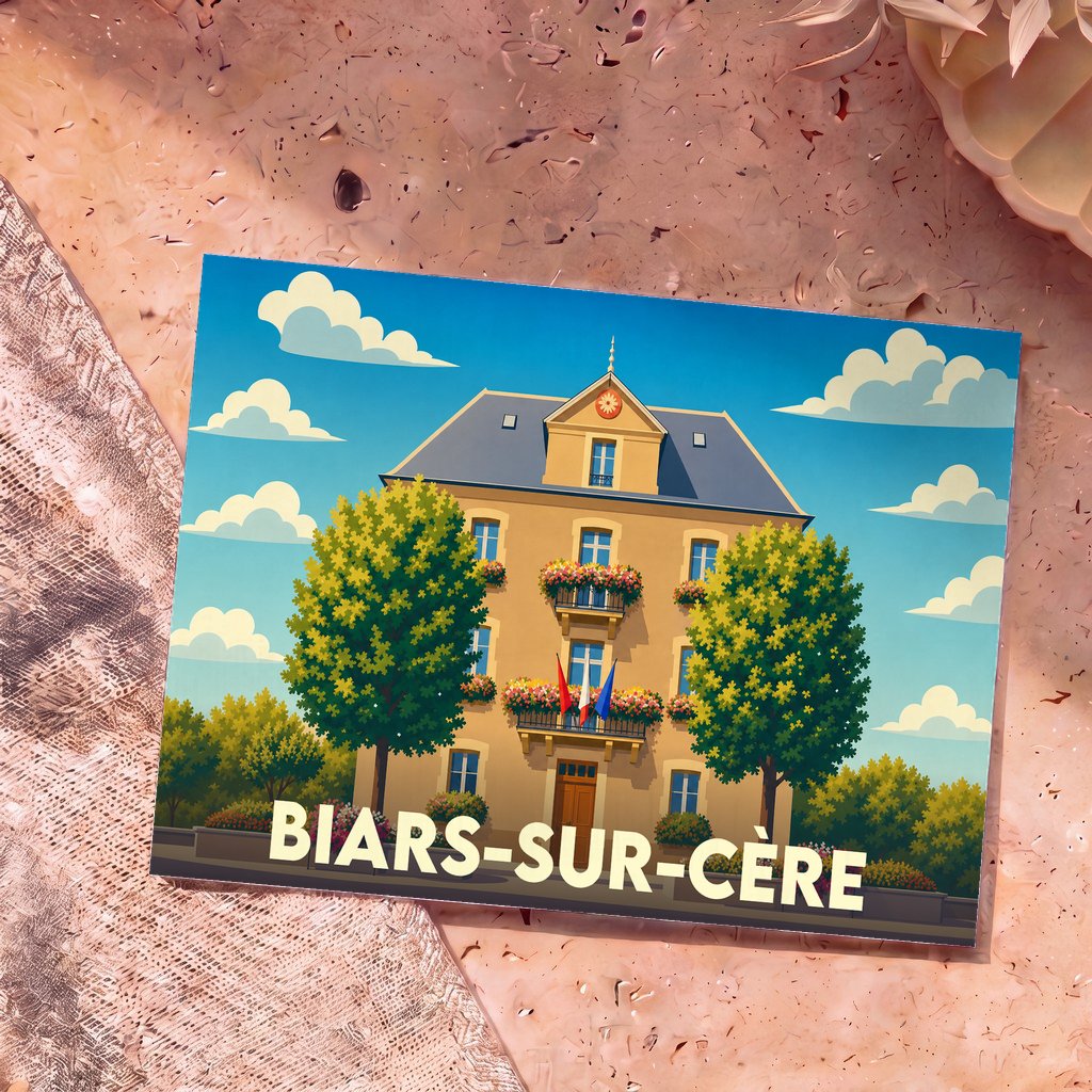 Carte postale souvenir de la ville de Biars-sur-Cère avec une illustration stylisée de la mairie.