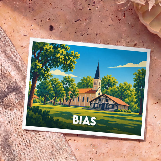 Carte postale souvenir de la ville de Bias avec une illustration stylisée de son église et d'une maison landaise.