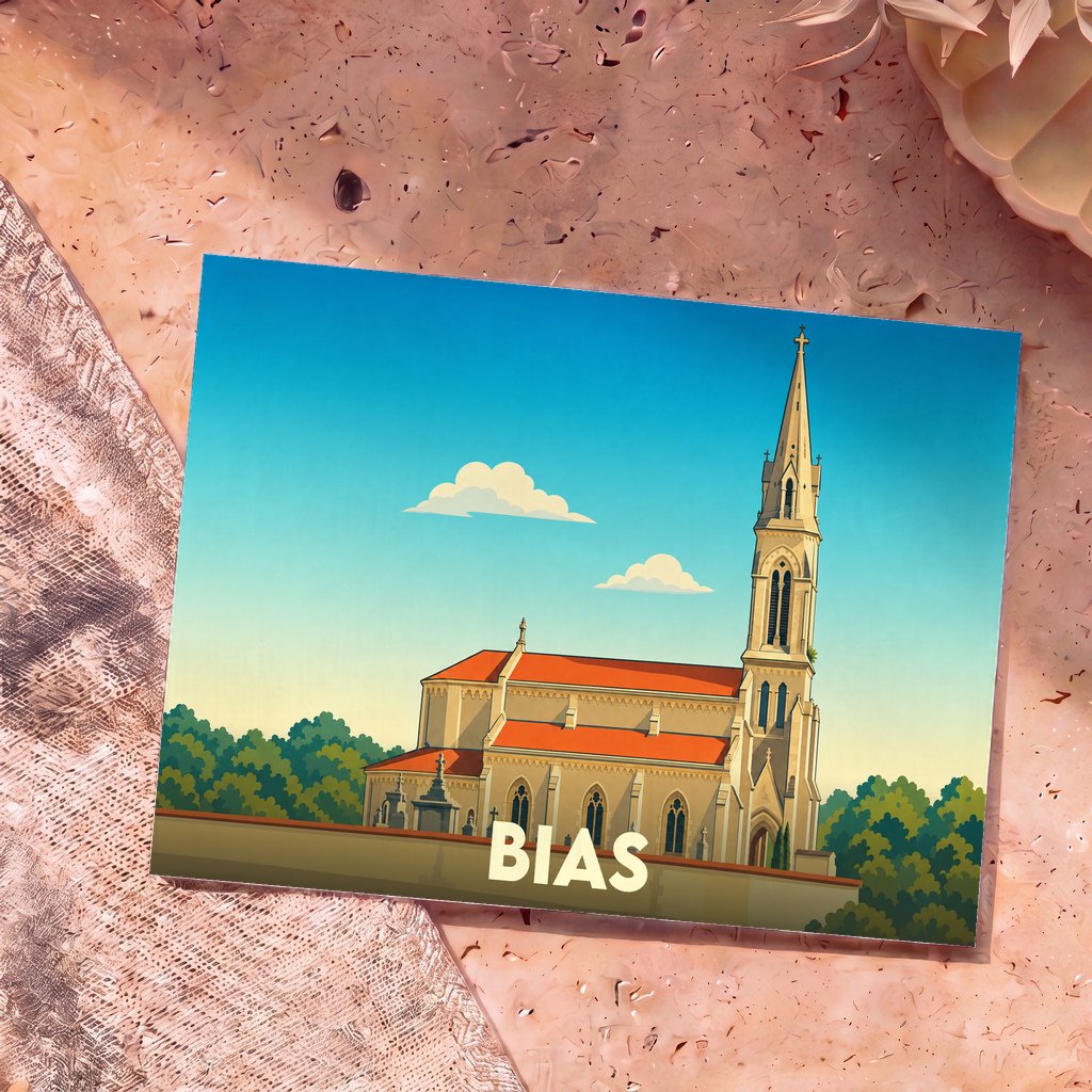 Carte postale souvenir de la ville de Bias avec une illustration stylisée de son église.