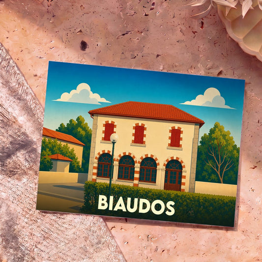 Carte postale souvenir de la ville de Biaudos illustrant une demeure de caractère dans un style graphique épuré.