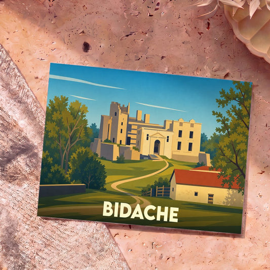 Carte postale souvenir de la ville de Bidache avec une illustration stylisée de son château.