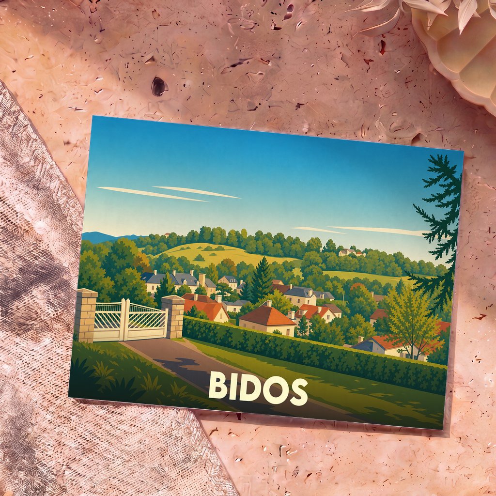 Carte postale souvenir de la ville de Bidos illustrant un paysage de village vallonné dans un style rétro.