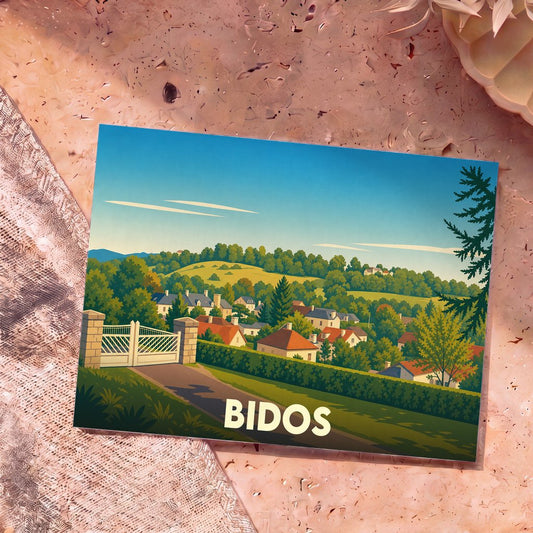 Carte postale souvenir de la ville de Bidos illustrant un paysage de village vallonné dans un style rétro.
