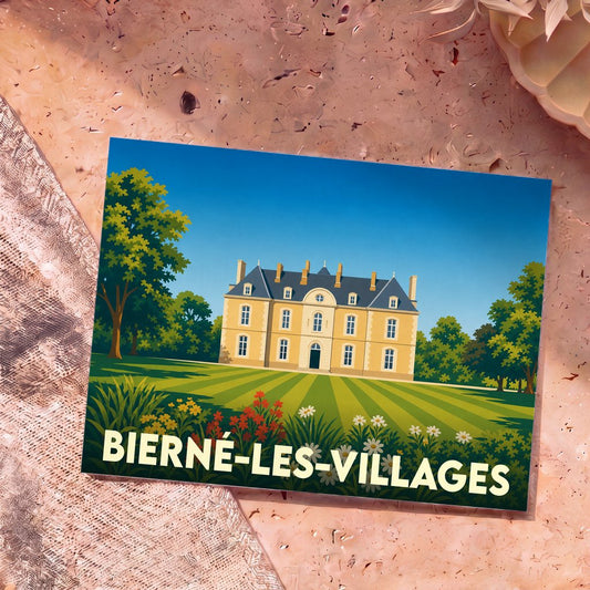 Carte postale souvenir de la commune de Bierné-les-Villages avec une illustration stylisée d'un château.
