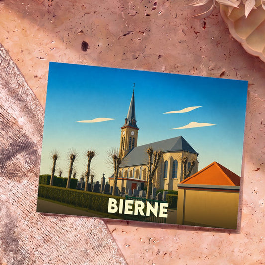 Carte postale souvenir de la ville de Bierne avec une illustration stylisée de son église et de son cimetière.