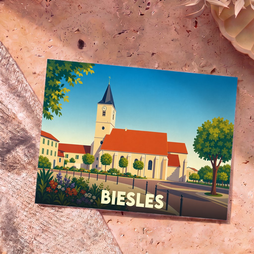 Carte postale souvenir de la ville de Biesles avec une illustration stylisée de son église sous un ciel bleu.