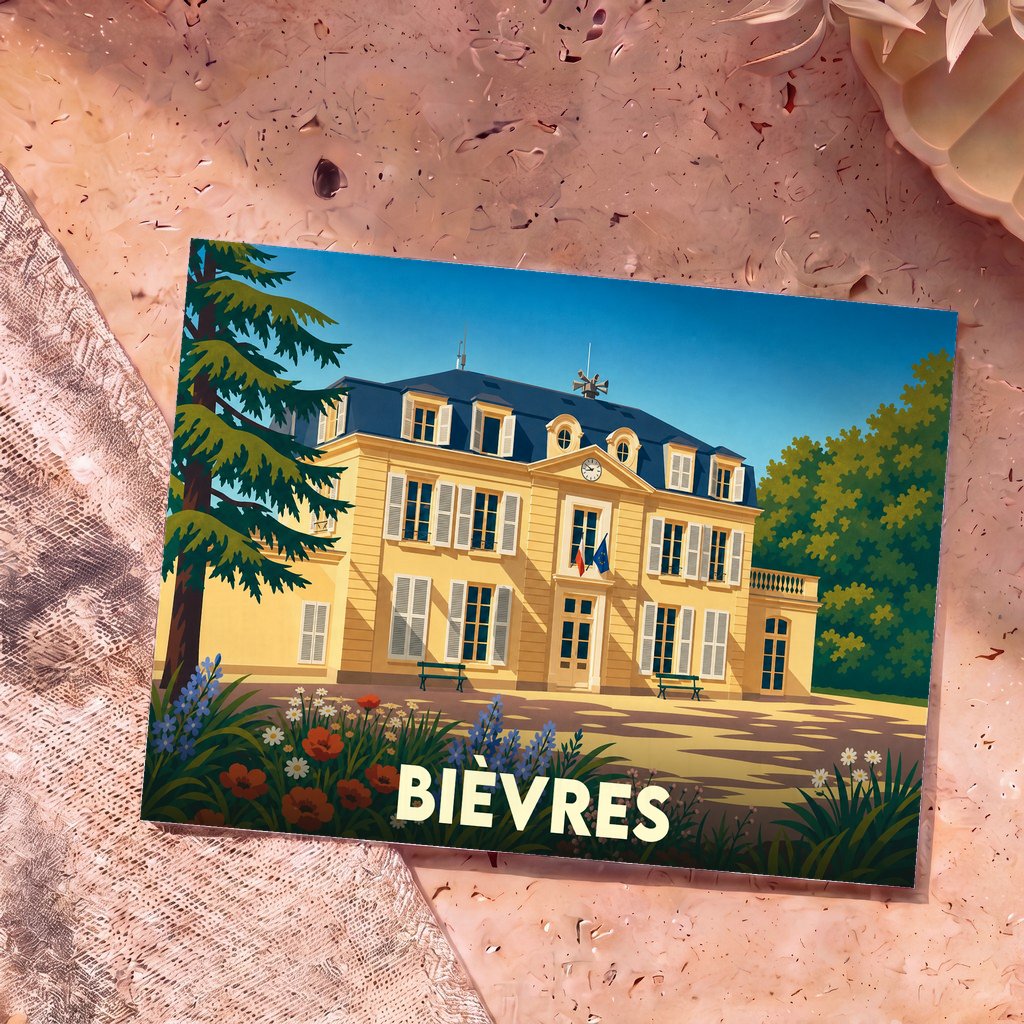 Carte postale souvenir de la ville de Bièvres avec une illustration stylisée de son hôtel de ville.