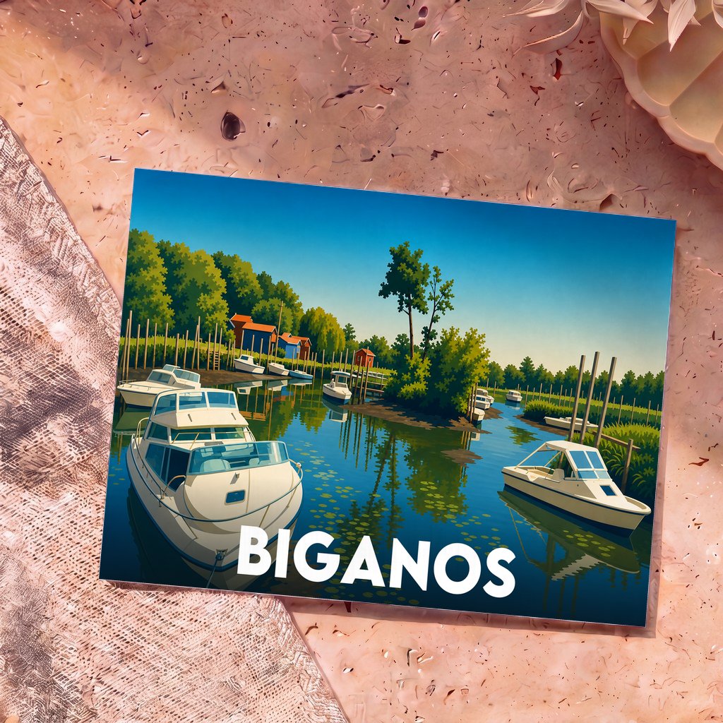 Carte postale souvenir de la ville de Biganos avec une illustration stylisée d'un port de plaisance.