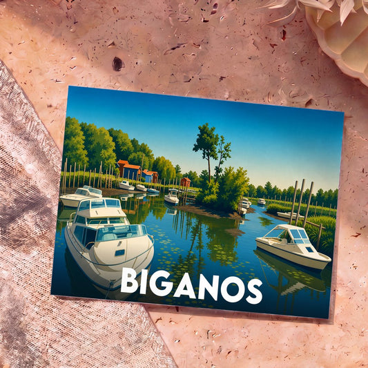 Carte postale souvenir de la ville de Biganos avec une illustration stylisée d'un port de plaisance.