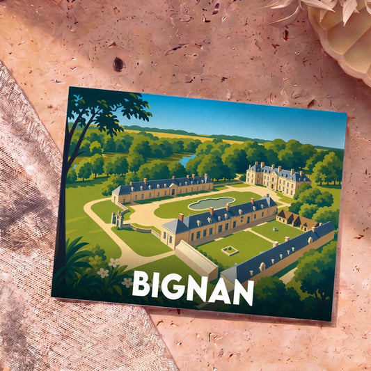 Carte postale souvenir de la ville de Bignan illustrant le domaine de Kerguéhennec dans un style graphique épuré.