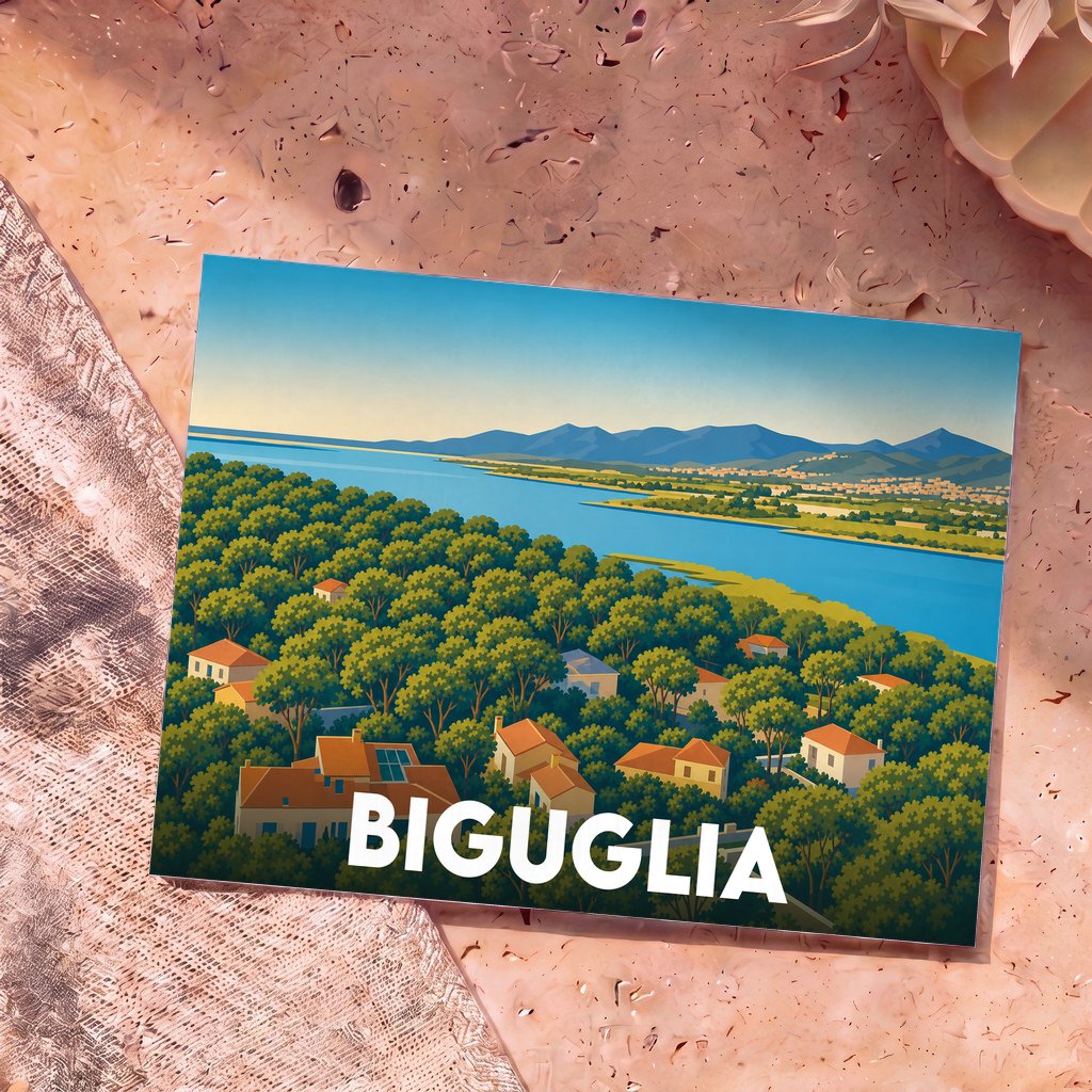 Carte postale souvenir de la ville de Biguglia avec une illustration stylisée d'un paysage côtier arboré.