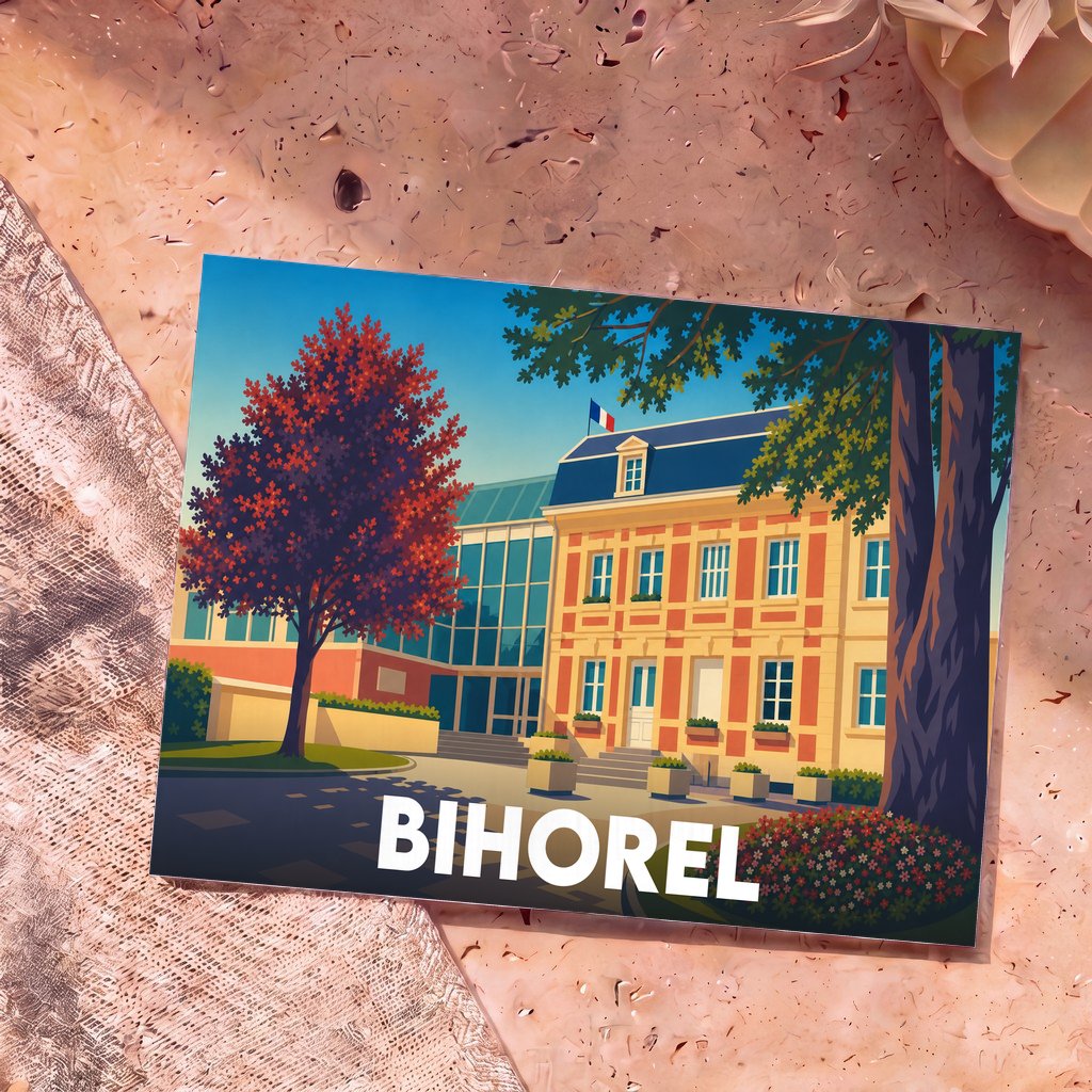 Carte postale souvenir de la ville de Bihorel avec une illustration stylisée de son hôtel de ville.