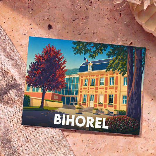 Carte postale souvenir de la ville de Bihorel avec une illustration stylisée de son hôtel de ville.