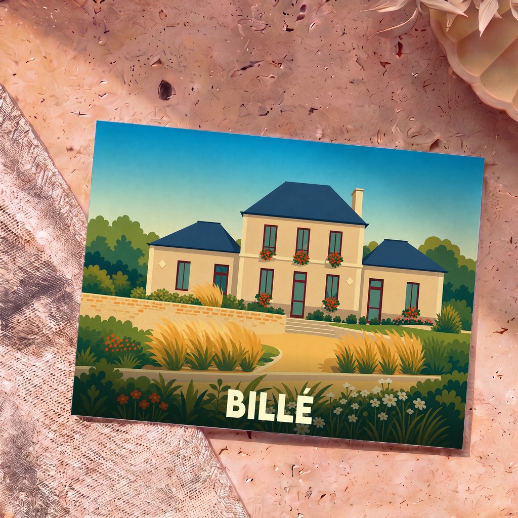 Carte postale souvenir de la ville de Billé avec une illustration stylisée d'une maison de maître entourée d'un jardin fleuri.