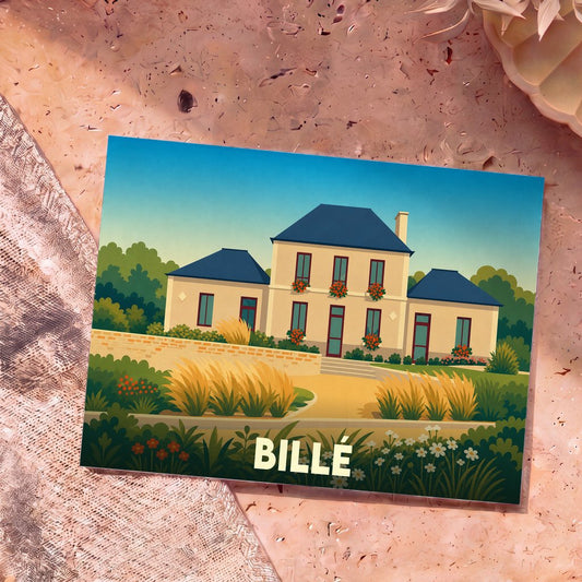 Carte postale souvenir de la ville de Billé avec une illustration stylisée d'une maison de maître entourée d'un jardin fleuri.