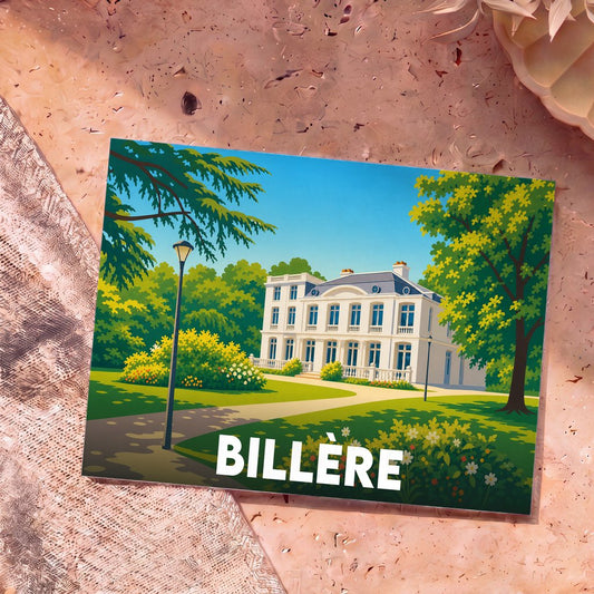 Carte postale souvenir de la ville de Billère avec une illustration stylisée d'un manoir blanc entouré d'un parc arboré.