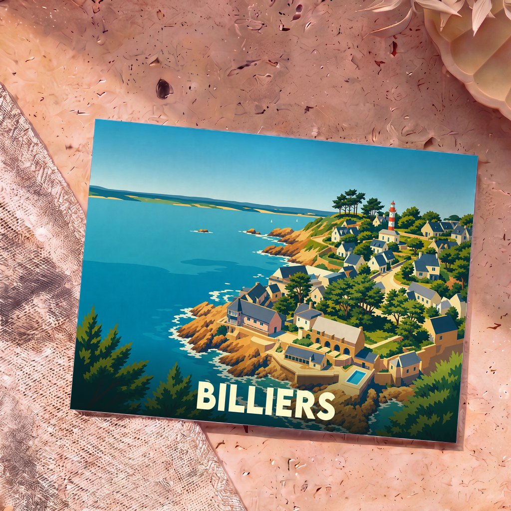 Carte postale souvenir de la ville de Billiers avec une illustration stylisée de son littoral et de son phare.