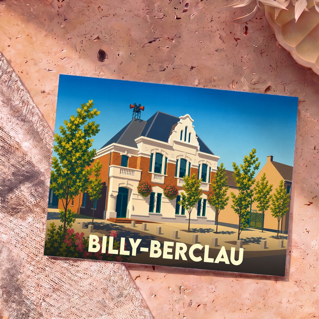 Carte postale souvenir de la ville de Billy-Berclau illustrant sa mairie dans un style graphique épuré.