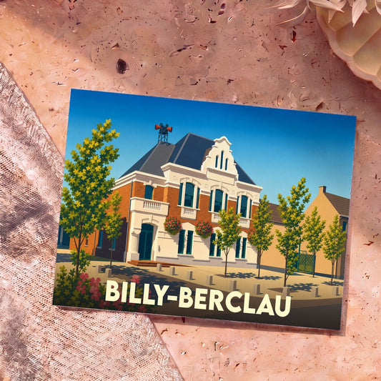 Carte postale souvenir de la ville de Billy-Berclau illustrant sa mairie dans un style graphique épuré.