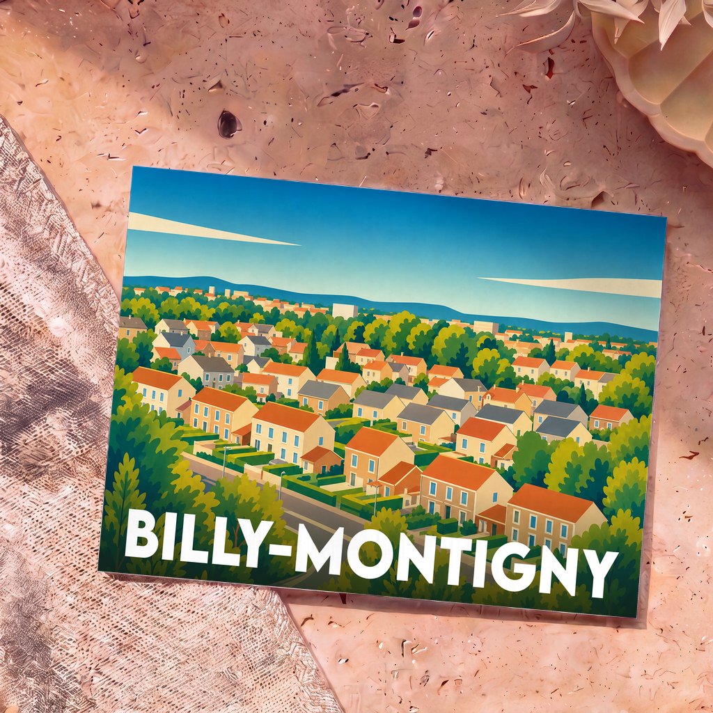 Carte postale souvenir de la ville de Billy-Montigny avec une illustration stylisée d'un quartier pavillonnaire verdoyant.
