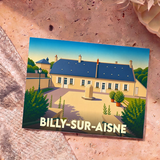 Carte postale souvenir de la ville de Billy-sur-Aisne avec une illustration stylisée d'un bâtiment historique.