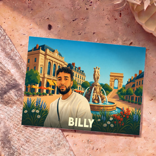 Carte postale souvenir de la ville de Billy avec une illustration stylisée.