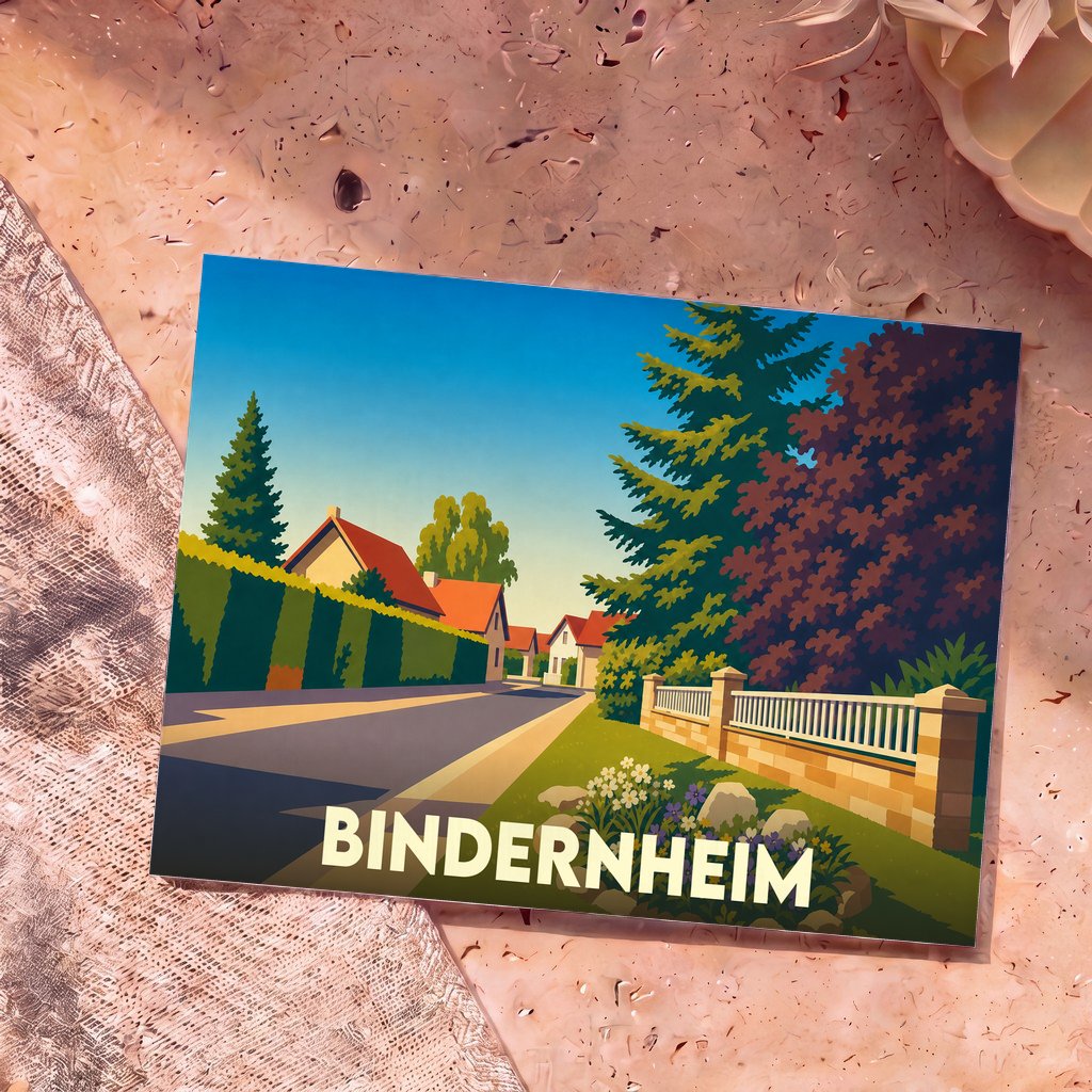 Carte postale souvenir de la ville de Bindernheim avec une illustration stylisée d'une rue résidentielle.