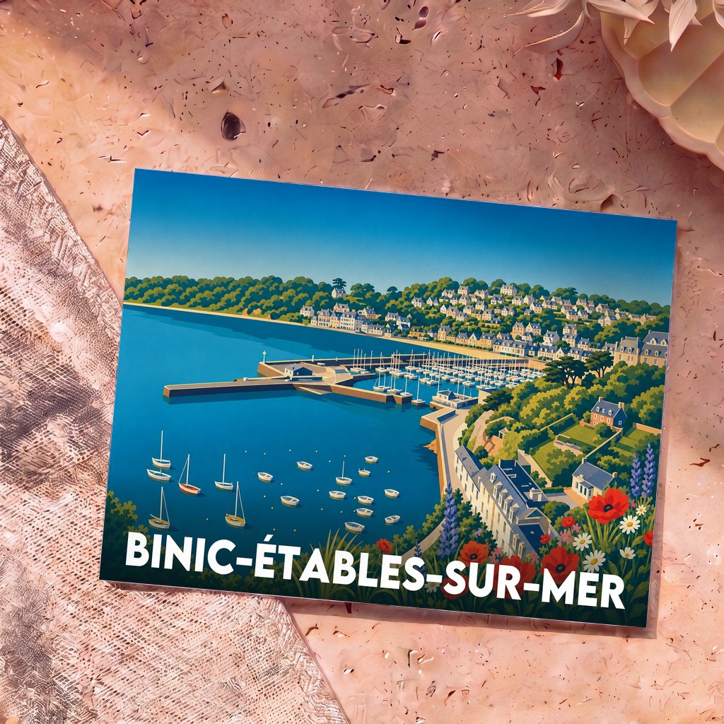 Carte postale souvenir de la ville de Binic-Étables-sur-Mer avec une illustration stylisée de son port.
