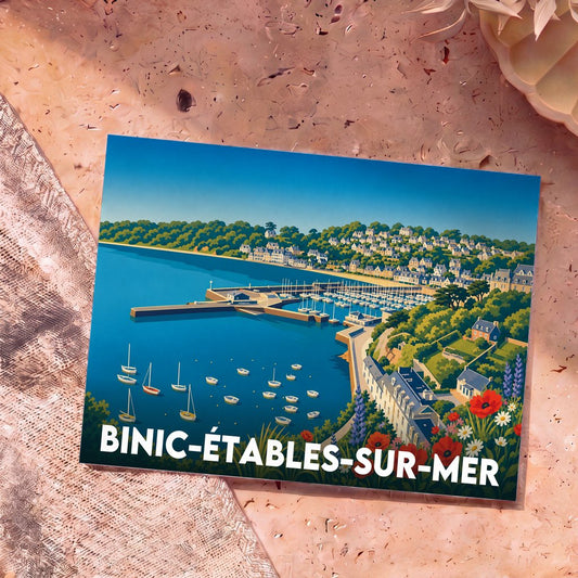 Carte postale souvenir de la ville de Binic-Étables-sur-Mer avec une illustration stylisée de son port.