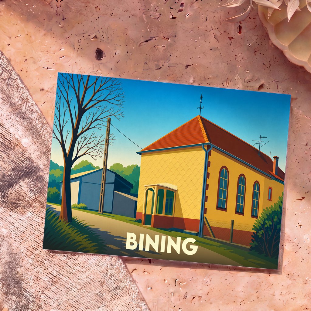 Carte postale souvenir de la ville de Bining avec une illustration stylisée d'un bâtiment jaune sous un ciel bleu.