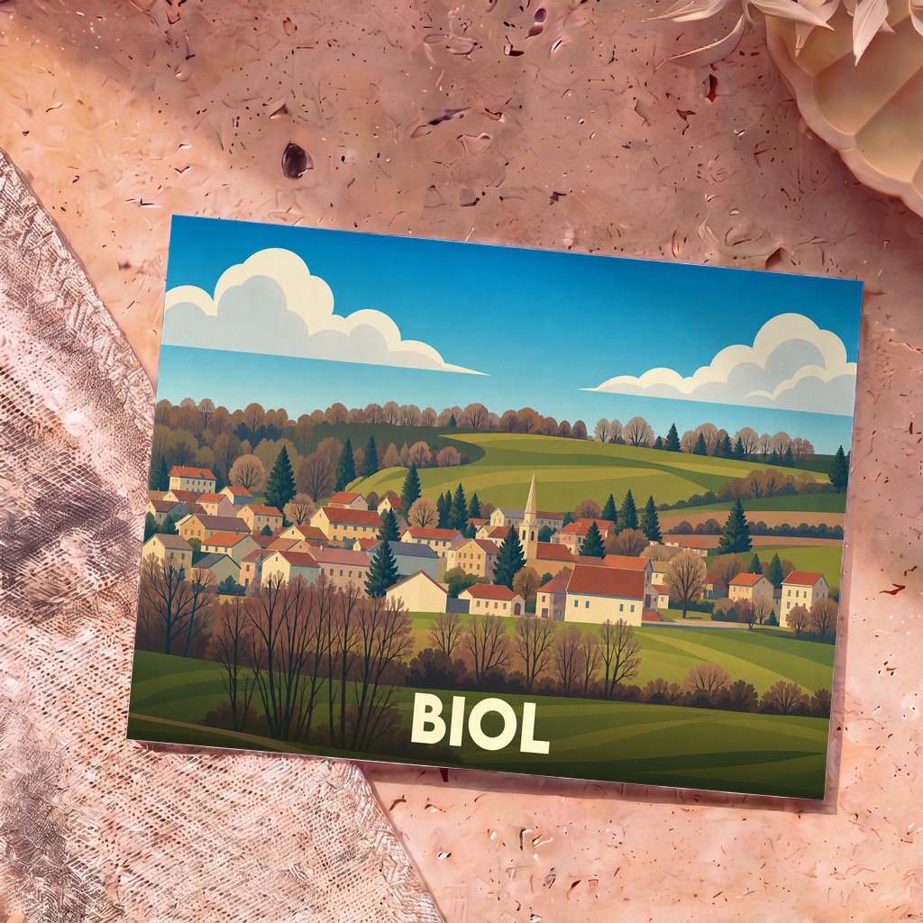 Carte postale souvenir de la ville de Biol avec une illustration stylisée de son paysage vallonné.