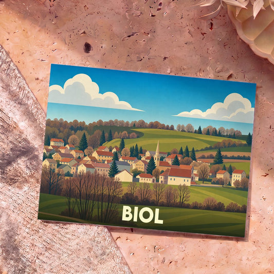 Carte postale souvenir de la ville de Biol avec une illustration stylisée de son paysage vallonné.