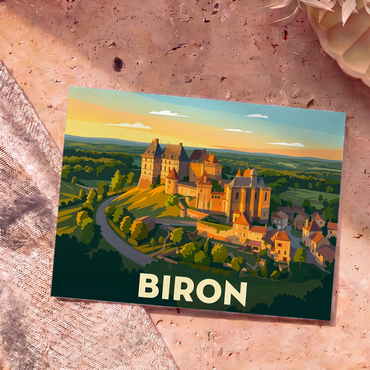 Carte postale souvenir de la ville de Biron avec une illustration stylisée de son château au coucher du soleil.