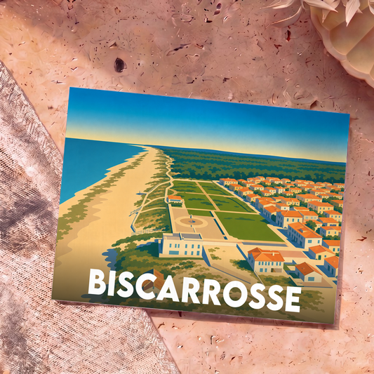 Carte postale souvenir de la ville de Biscarrosse avec une illustration stylisée vue du ciel.