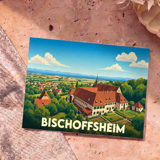 Carte postale souvenir de la ville de Bischoffsheim avec une illustration stylisée de ses paysages et de son abbaye.