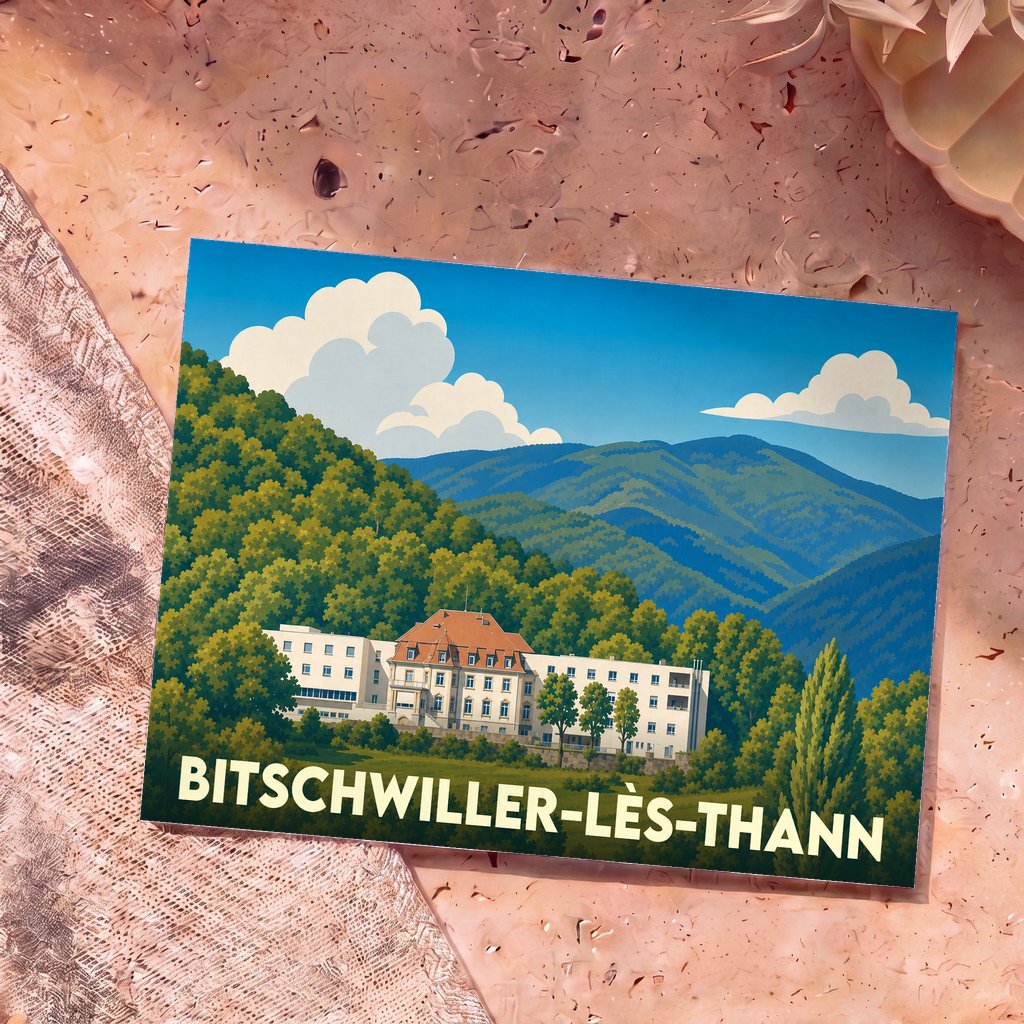 Carte postale souvenir de la ville de Bitschwiller-lès-Thann avec une illustration stylisée de son paysage vallonné.