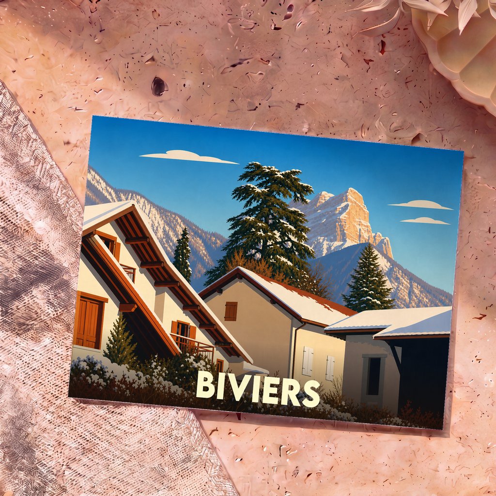 Carte postale souvenir de la ville de Biviers avec une illustration stylisée de chalets enneigés devant une montagne.